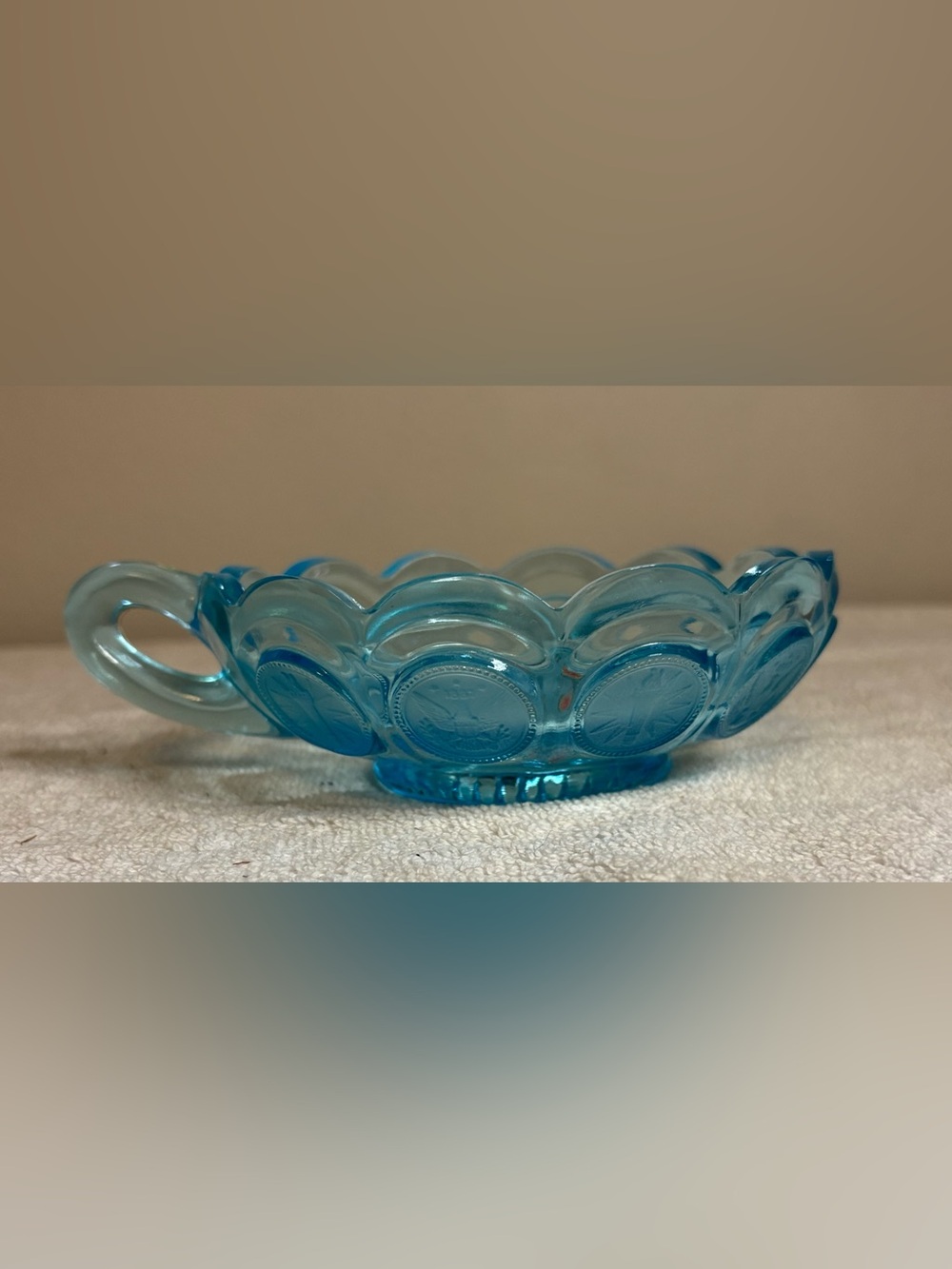 Vintage Fostoria Blue Eagle Torch Coin Glass One Handle Round Nappy Bowl 5 1/4"D